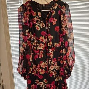 Tommy Hilfiger Black and Pink Floral Dress with Bishop Sleeves